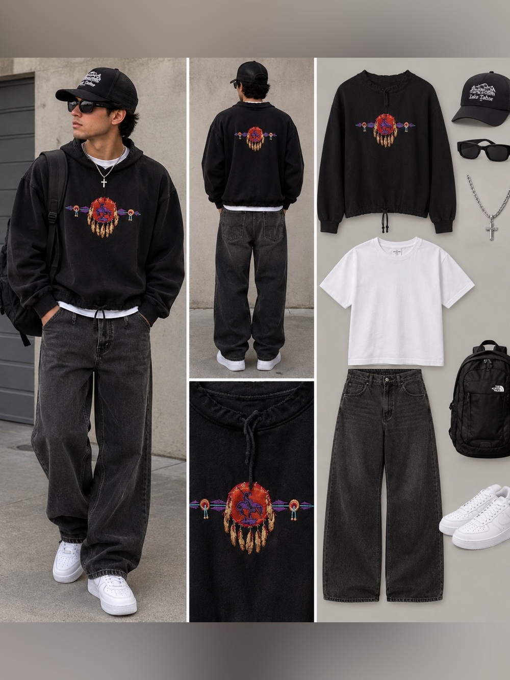 Vintage Habitat Sweatshirt  Unisex’s Black Preshrunk Native Navajo Embroidered